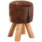 Inca Round Stool Brown Goat Hide Teak Legs