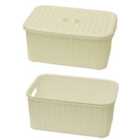 JVL Knit Design Loop Plastic Lidded Rectangular Storage Basket with Handles Ivory 20 x 28.5 x 12.5 cm 6 Litres