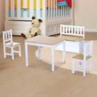HOMCOM Childrens Four Piece Table Set With 2 Chairs Storage Stool White and Natural
