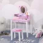 HOMCOM 2 Piece Kids Wooden Dressing Table and Stool Make Up Desk Pink