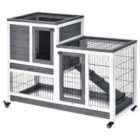 PawHut Wooden Indoor Elevated Rabbit Hutch w/ Enclosed Run and Wheel - Grey