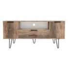 Ready Assembled Hirato Wide TV Unit Vintage Oak Black Metal Hairpin Legs