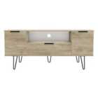 Ready Assembled Hirato Wide TV Unit Nebraska Oak Black Metal Hairpin Legs