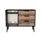 Ready Assembled Hirato 3 Drawer TV Unit Vintage Oak Black Wood Legs