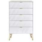 Ready Assembled Hirato 5 Drawer Chest Marble Gold Metal Hairpin Legs