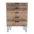 Ready Assembled Hirato 5 Drawer Chest Vintage Oak Black Metal Hairpin Legs