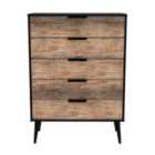 Ready Assembled Hirato 5 Drawer Chest Vintage Oak Black Wood Legs