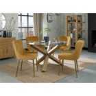 Cannes Clear Glass 4 Seater Dining Table With Light Oak Legs & 4 Cezanne Mustard Velvet Fabric Chairs With Black Legs
