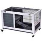 PawHut Wood Indoor Rabbit Hutch w/ Elevated 2-floor Guineas Pigs Cage & Wheels - Grey