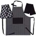 Penguin Home® Apron, Double Oven Glove And 2 Kitchen Tea Towels Set - Black/White