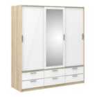 Furniture To Go Wardrobe 3 Doors 6 Drawers In Oak Effect With White High Gloss