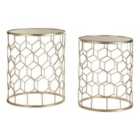 Interiors By PH Set Of 2 Side Tables Mirror Top Champagne Steel Round