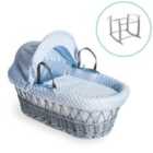 Dimple Grey Wicker Moses Basket in Blue & Grey Deluxe Rocking Stand - Blue
