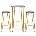 Interiors By Ph 3 Piece Elm Wood Gold Finish Bar Table Stool Set