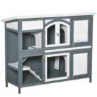 PawHut Two-tier Wooden Rabbit Hutch With Openable Roof Slide-out Tray Ramp - Grey
