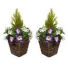 Greenbrokers Artificial Purple & White Petunia Rattan Patio Planters 60Cm/24In (set Of 2)