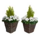 Greenbrokers Artificial White Geranium Rattan Patio Planters 60Cm/24In (set Of 2)