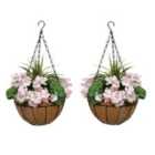 Greenbrokers Artificial Pink Geraniums Round Coir Hanging Basket (set Of 2)