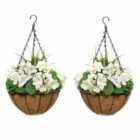Greenbrokers Artificial White Geranium Round Coir Hanging Basket (set Of 2)