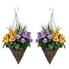 Greenbrokers Artificial Purple & Yellow Pansy Cone Shaped Rattan Hanging Basket (set Of 2)