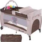 Tectake Travel Cot Elephant 132x75x104cm w/ Changing Mat Play Bar & Carry Bag Brown