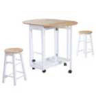 HOMCOM 3 Piece Space Saving Mobile Wooden Dining Set With 2 Folding Stools White And Natural Wood