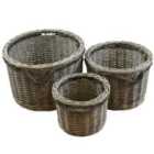 JVL Chunky Home Round Storage Baskets with Loop Handles Wood Natural Set of 3