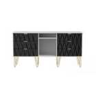 Ready Assembled Copenhagagen 6 Drawer Tv Unit With Legs - Deep Black and White