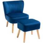HOMCOM Armchair Velvet Accent Chair Occasional Tub Seat Padding Curved Back With Ottoman Wood Frame Legs - Dark Blue