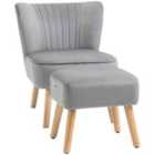 HOMCOM Velvet Accent Chair Occasional Tub Seat Padding Curved Back With Ottoman Wood Frame Legs Home Furniture Light Grey