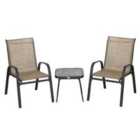 Outsunny 3 Pieces Outdoor Bistro Set, Patio Stackable Armchairs with Breathable Mesh Fabric and PSC Board Coffee Table, Brown