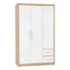 Seconique Seville 3 Door 2 Drawer Wardrobe - White Gloss/Light Oak Effect Veneer