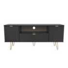 Ready Assembled Hirato Wide TV Unit Black With Gold Metal Hairpin Legs
