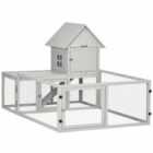 Pawhut Wooden Rabbit Hutch With Run Large Guinea Pig Cage, Small Animal House For Indoor With Tray 151.5 X 106 X 97cm Light Grey