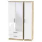 Ready Assembled Contrast Triple Mirror Wardrobe With 2 Drawers In White & Bardolino Oak