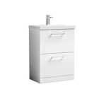 Nuie Arno 600mm Floor Standing 2 Drawer Vanity & Thin-Edge Basin Gloss White