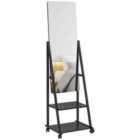 HOMCOM Rolling Full Length Mirror With Adjustable Angle, Shelves