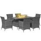 Outsunny 7pc PE Rattan Dining Set w/ Fire Pit Table - Grey