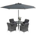 Outsunny 6pc Rattan Furniture Set w/ Umbrella - Grey