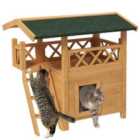 PawHut Outdoor Cat House w/ Balcony - Natural Wood Finish