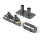 Terma Accessory Valves Terma (vario) Twins, Angled, 50mm Integrated TRVs Set Right Sided, w/ Pipe Masking, Sparkling Grey