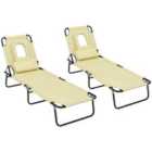 Outsunny Folding Sun Lounger Set Of 2 W/ Reading Hole Beige