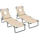 Outsunny Folding Sun Lounger Set Of 2 W/ Reading Hole Brown