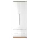 Ready Assembled Milan Tall 2 Drawer Wardrobe In White Gloss & Bardolino Oak