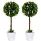 HOMCOM Set Of 2 Potted Artificial Plants Ball Tree With Flowers, Pink