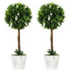 HOMCOM Set Of 2 Potted Artificial Plants Ball Tree With Flowers, White