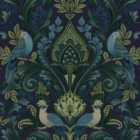 Grandeco Peacock And Leaf Scrolls Opulent Damask Textured Wallpaper, Green Blue