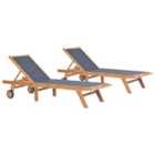 vidaXL Folding Sun Loungers w/ Wheels 2pcs Solid Teak/Textilene
