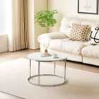 Sleep on Erin Circular Coffee Table With Silver Metal Frame And Wood White High Gloss Table Top