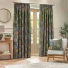 Wylder Ophelia Fully Lined Jacquard Floral Pencil Pleat Curtains Blue/Saffron 229cm width 137cm drop